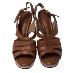 Chloe Brown Leather Ankle Strap Cork Wedge Platform Sandals Size 42