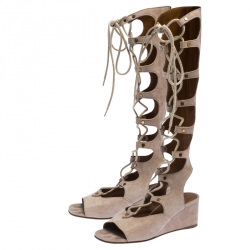 Chloé Beige Suede Gladiator Lace Up Tall Wedge Sandals Size 36