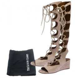 Chloé Beige Suede Gladiator Lace Up Tall Wedge Sandals Size 36