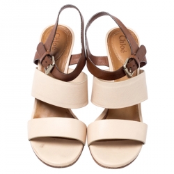 Chloe Beige/Brown Leather Ankle Strap Sandals Size 39
