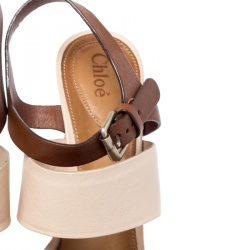 Chloe Beige/Brown Leather Ankle Strap Sandals Size 39