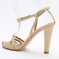 Chloe Cream Python Embossed Leather T Strap Sandals Size 37.5