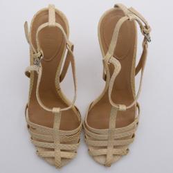 Chloe Cream Python Embossed Leather T Strap Sandals Size 37.5
