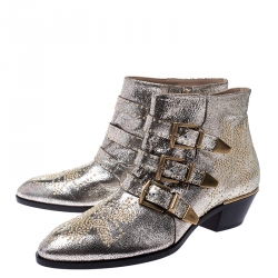 Pre Owned Chloe Gold Leather Suzanna Studded Ankle Boots Size 41