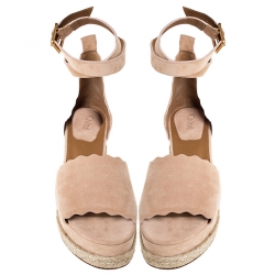 Pre Owned Chloe Beige Suede Scalloped Trim Lauren Ankle Wrap Flatform Espadrille Sandals Size 40