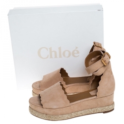 Pre Owned Chloe Beige Suede Scalloped Trim Lauren Ankle Wrap Flatform Espadrille Sandals Size 40
