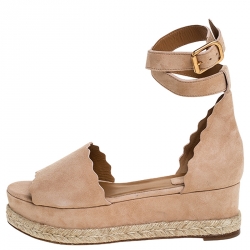 Pre Owned Chloe Beige Suede Scalloped Trim Lauren Ankle Wrap Flatform Espadrille Sandals Size 40