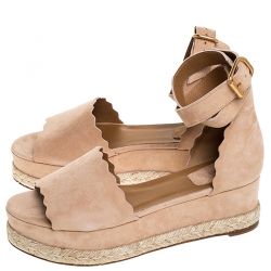 Pre Owned Chloe Beige Suede Scalloped Trim Lauren Ankle Wrap Flatform Espadrille Sandals Size 40