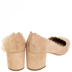 Pre Owned Chloe Beige Suede Lauren Scallop Trim Block Heel Pumps Size 37