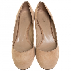 Pre Owned Chloe Beige Suede Lauren Scallop Trim Block Heel Pumps Size 37