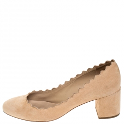 Pre Owned Chloe Beige Suede Lauren Scallop Trim Block Heel Pumps Size 37