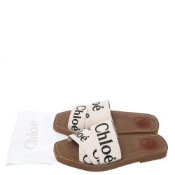 Pre Owned Chloe White Fabric Woody Logo Flat Slides Size 38
