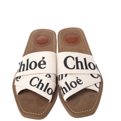 Pre Owned Chloe White Fabric Woody Logo Flat Slides Size 38