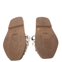 Pre Owned Chloe White Fabric Woody Logo Flat Slides Size 38