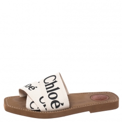 Pre Owned Chloe White Fabric Woody Logo Flat Slides Size 38