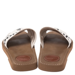 Pre Owned Chloe White Fabric Woody Logo Flat Slides Size 38