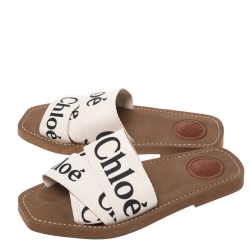 Pre Owned Chloe White Fabric Woody Logo Flat Slides Size 38