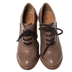 Pre Owned Chloe Brown Leather Block Heel Lace Up Ankle Boots Size 37