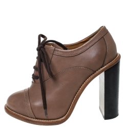 Pre Owned Chloe Brown Leather Block Heel Lace Up Ankle Boots Size 37