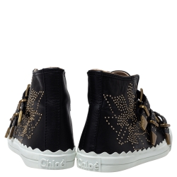 Pre Owned Chloe Black Studded Leather Kyle Buckle Detail High Top Sneakers Size 41