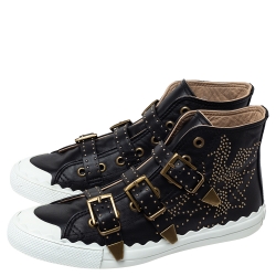 Pre Owned Chloe Black Studded Leather Kyle Buckle Detail High Top Sneakers Size 41