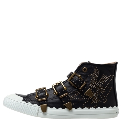 Pre Owned Chloe Black Studded Leather Kyle Buckle Detail High Top Sneakers Size 41