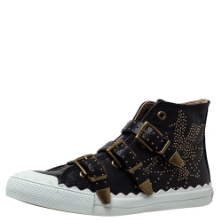 Pre Owned Chloe Black Studded Leather Kyle Buckle Detail High Top Sneakers Size 41