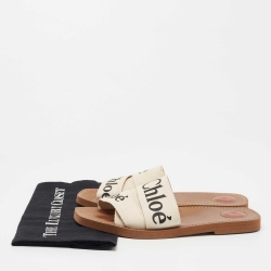 Pre Owned Chloe White Logo Print Canvas Woody Flat Slides Size 42
