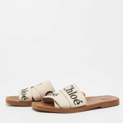 Pre Owned Chloe White Logo Print Canvas Woody Flat Slides Size 42