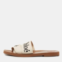 Pre Owned Chloe White Logo Print Canvas Woody Flat Slides Size 42