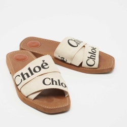 Pre Owned Chloe White Logo Print Canvas Woody Flat Slides Size 42
