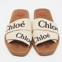 Pre Owned Chloe White Logo Print Canvas Woody Flat Slides Size 42