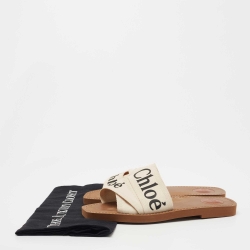 Chloe Off White Logo Print Canvas Woody Flat Slides Size 39