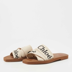 Chloe Off White Logo Print Canvas Woody Flat Slides Size 39