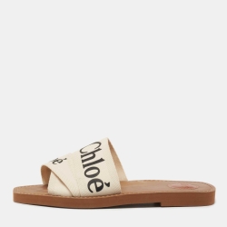 Chloe Off White Logo Print Canvas Woody Flat Slides Size 39