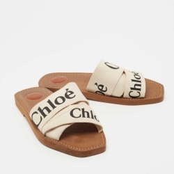 Chloe Off White Logo Print Canvas Woody Flat Slides Size 39