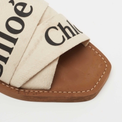Chloe Off White Logo Print Canvas Woody Flat Slides Size 39
