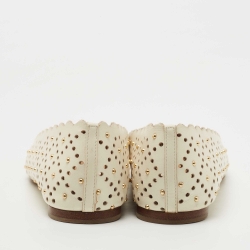 Pre Owned Chloe Off White Scalloped Leather Laser Cut and Studded Ballet Flats Size 38
