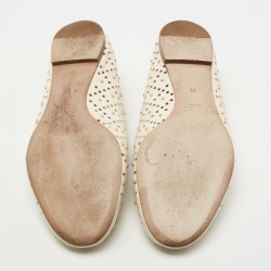 Pre Owned Chloe Off White Scalloped Leather Laser Cut and Studded Ballet Flats Size 38