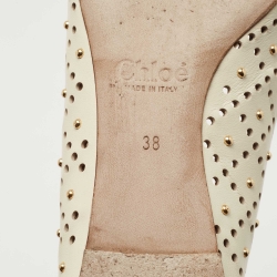 Pre Owned Chloe Off White Scalloped Leather Laser Cut and Studded Ballet Flats Size 38