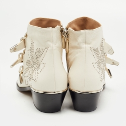 Pre Owned Chloe Cream Studded Leather Kyle Buckle Detail Ankle Boots Size 40