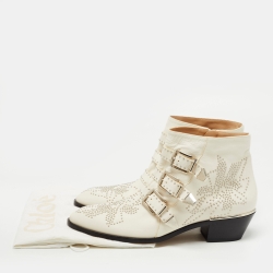 Pre Owned Chloe Cream Studded Leather Kyle Buckle Detail Ankle Boots Size 40