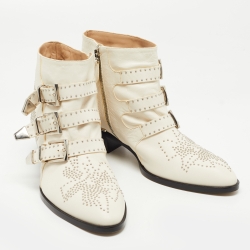 Pre Owned Chloe Cream Studded Leather Kyle Buckle Detail Ankle Boots Size 40