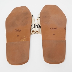 Pre Owned Chloé Off-White Logo Canvas Woody Flat Slides Size 40