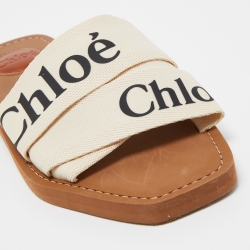 Pre Owned Chloé Off-White Logo Canvas Woody Flat Slides Size 40