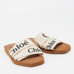 Pre Owned Chloé Off-White Logo Canvas Woody Flat Slides Size 40