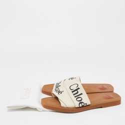 Pre Owned Chloé Off-White Logo Canvas Woody Flat Slides Size 40
