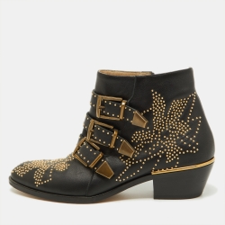 Pre Owned Chloe Black Studded Leather Ankle Boots Size 37.5