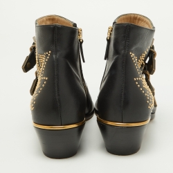 Pre Owned Chloe Black Studded Leather Ankle Boots Size 37.5