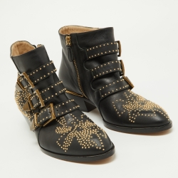 Pre Owned Chloe Black Studded Leather Ankle Boots Size 37.5